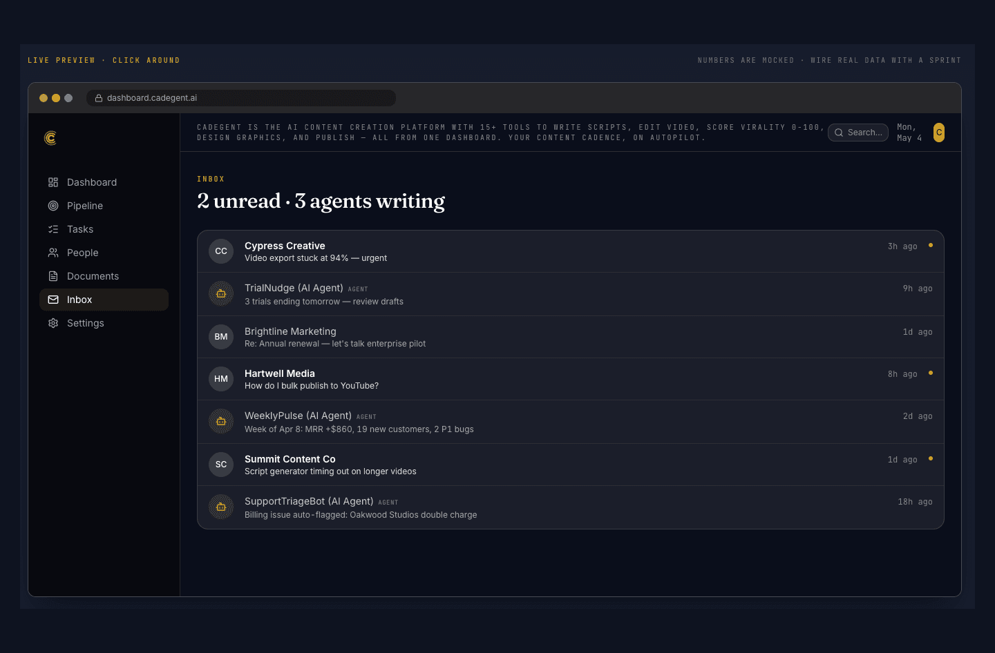 Inbox view — unified messages from customers and AI agents
