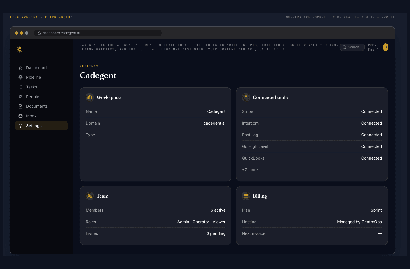 Settings view — workspace, connected tools, team, billing